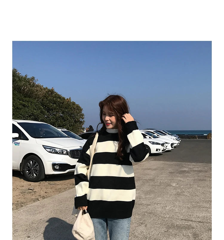 Women's Sweaters Kawaii Ulzzang College Candy Color Stripes Moon Sets Embroidery Sweater Female Harajuku Clothing For Women