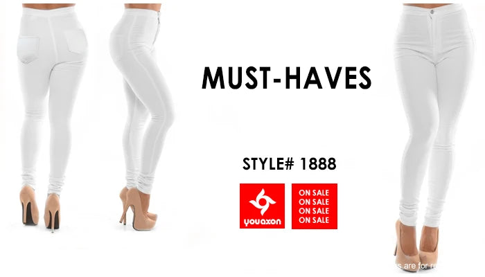 1888 Youaxon Summer Women`s High Waist White Basic Fashion Stretch Skinny Denim Pants Trousers Jeans For Women Free Shipping