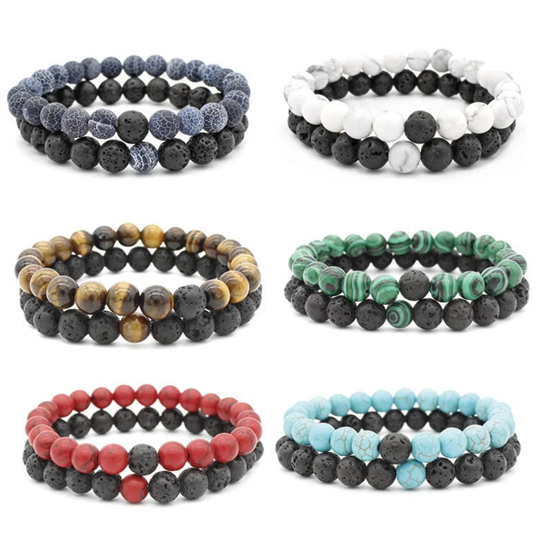 Women Men 8mm Beaded Natural Stone Bracelet Couples Lover Agate Quartz Lava Tiger Eye Healing Energy Bangle Yoga Jewelry