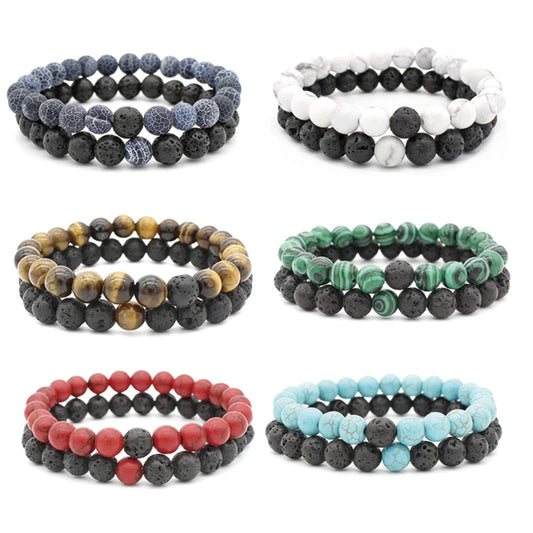 Women Men 8mm Beaded Natural Stone Bracelet Couples Lover Agate Quartz Lava Tiger Eye Healing Energy Bangle Yoga Jewelry