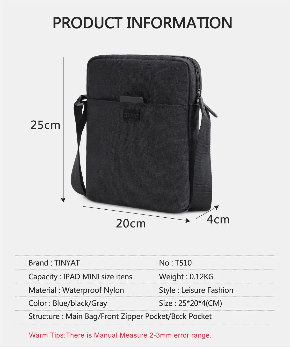 TINYAT Men's Bags Light Canvas Shoulder Bag For 7.9' Ipad Casual Crossbody Bags Waterproof Business Shoulder bag for men 0.13kg