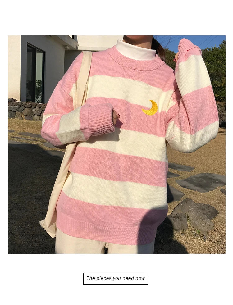 Women's Sweaters Kawaii Ulzzang College Candy Color Stripes Moon Sets Embroidery Sweater Female Harajuku Clothing For Women