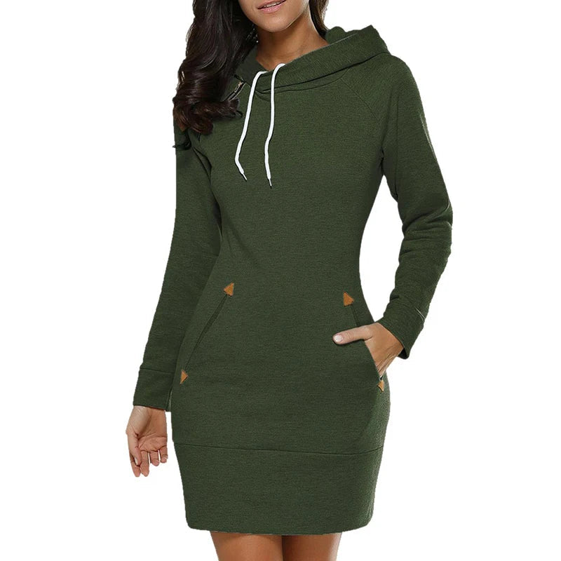 Women‘s Knee-Length Pockets Dress Hooded Warm Sweat Shirt Long Sleeve Side Zip Neckline Simple Casual Sports Skirt Viralgem Store