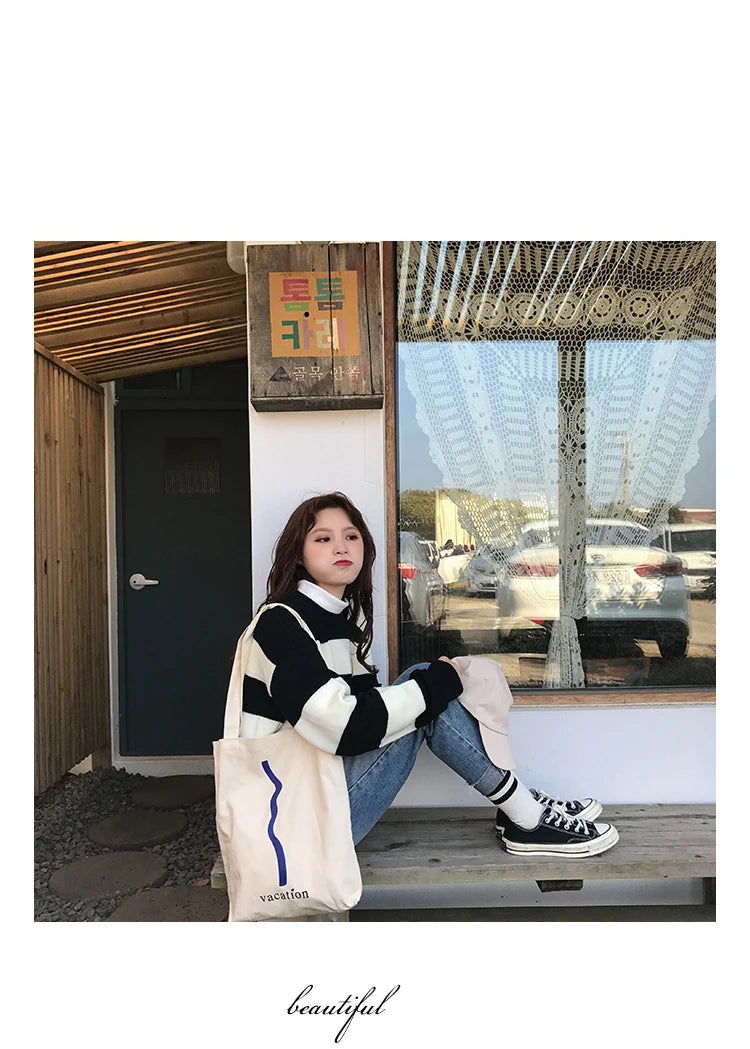 Women's Sweaters Kawaii Ulzzang College Candy Color Stripes Moon Sets Embroidery Sweater Female Harajuku Clothing For Women