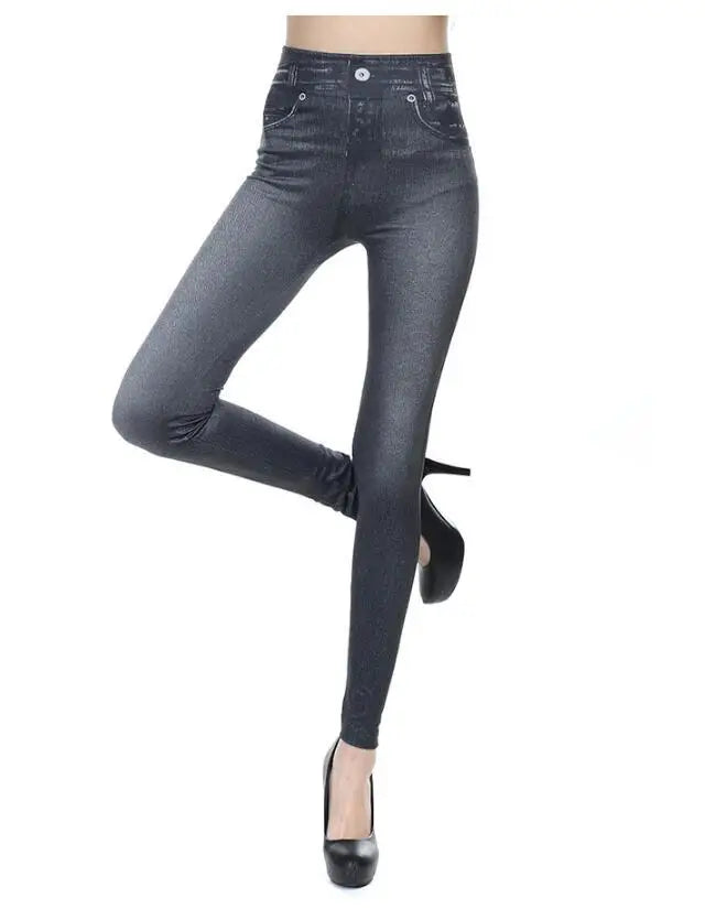 2023 Women's Spring and Summer Tight Imitation Jeans, Smart Slim Fashion, Large Tight Pants, False Pocket Women's Fitness Pants