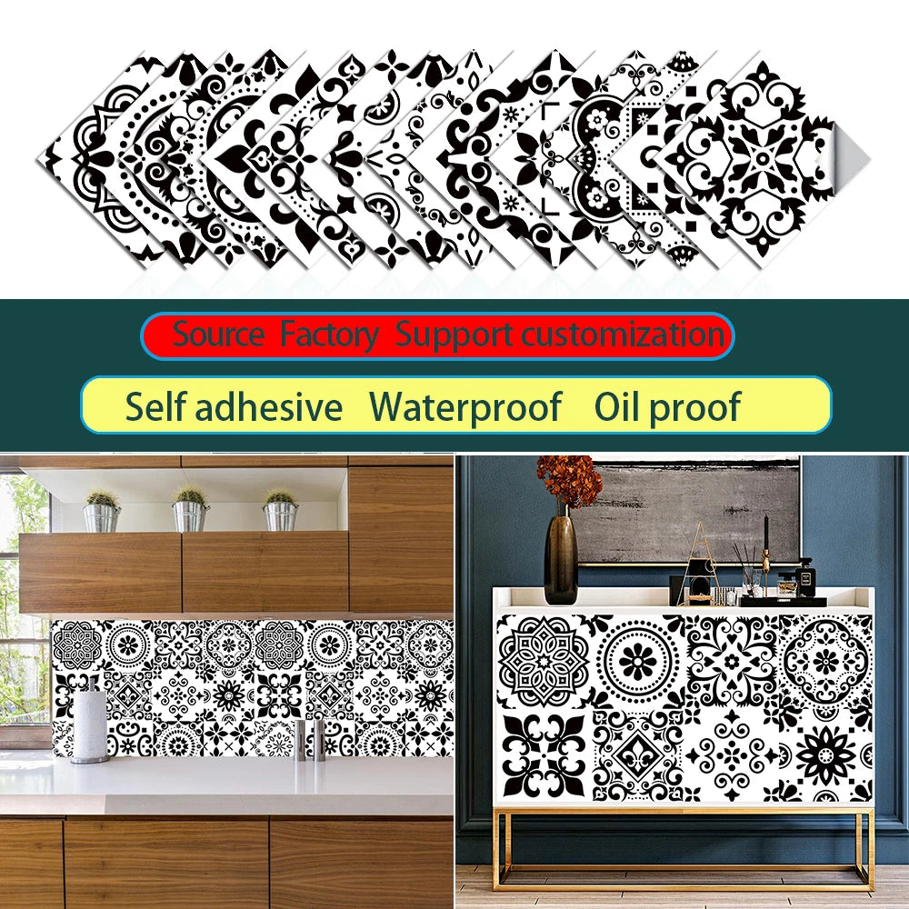 16pcs/set Black & White Tiles Sticker Kitchen Backsplash Wardrobe Bathroom Waterproof Peel & Stick Bright Film Art Wall Decals