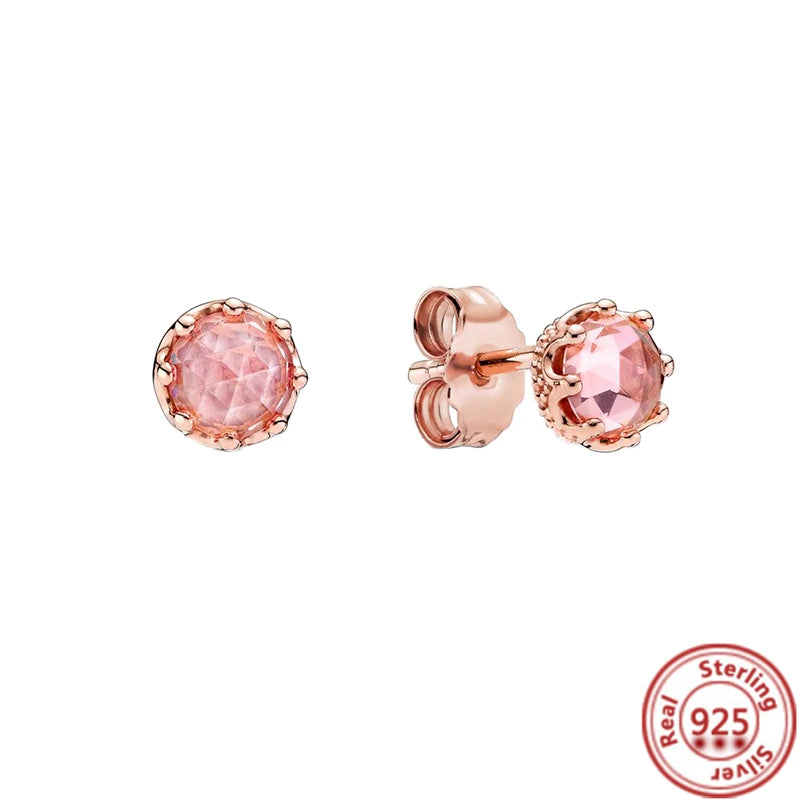 2024 New 925 Sterling Silver Earring Crown Fan Heart Round Rose Gold Pantaro Female Earrings Women Fashion DIY European Jewelry