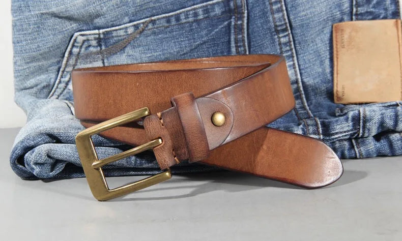 Vintage Luxury Handmade Leather Copper Buckle Man's Belt Cinturon Gotico Cowhide Retro All-match Casual Jeans Soft Belt ABC Viralgem Store
