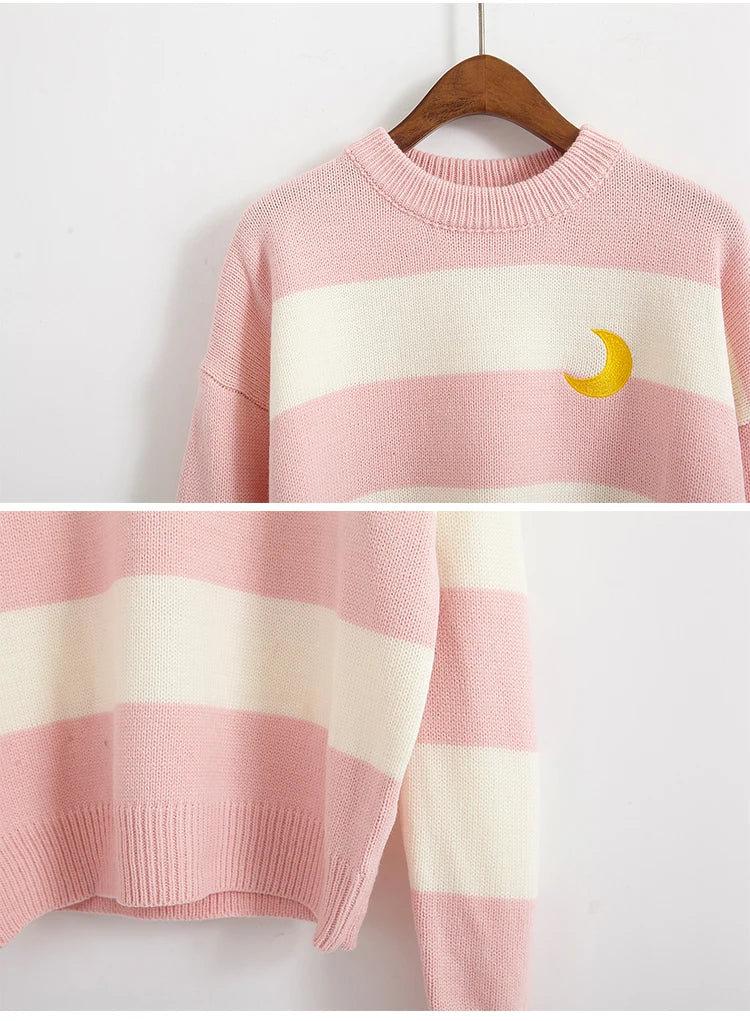 Women's Sweaters Kawaii Ulzzang College Candy Color Stripes Moon Sets Embroidery Sweater Female Harajuku Clothing For Women