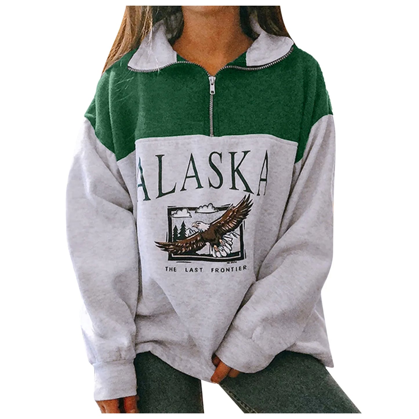 Vintage Fashion Women Stand Collar Zipper Alaska Letter Printing Long Sleeve Sweatshirt Woman Casual Loose Hoodies Women 2021