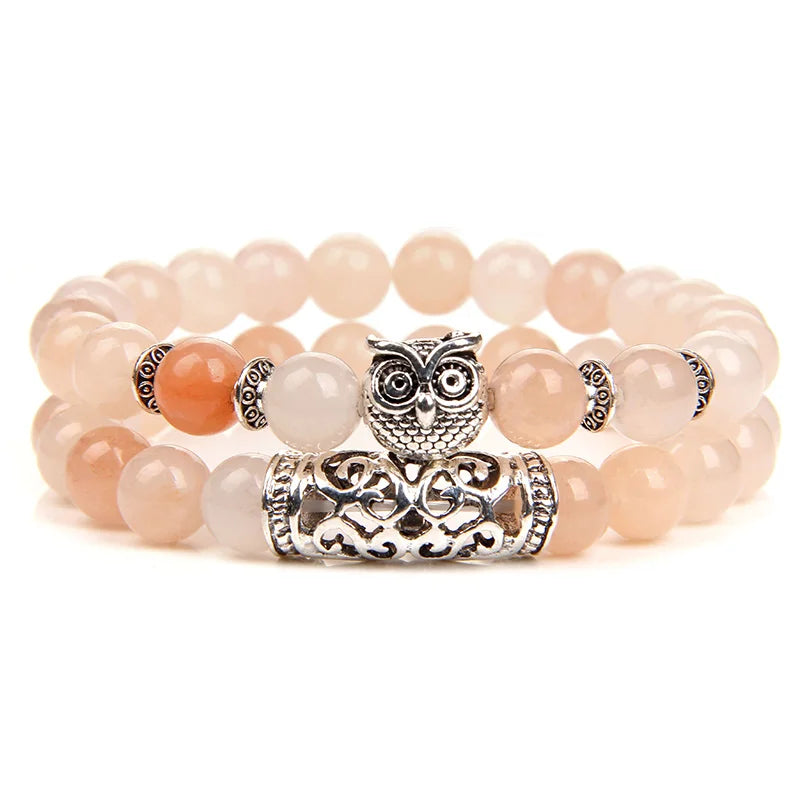 2Pcs/set Classic Owl Charm Bracelet Natural Stone Tiger Eye Lava Aquamarine Pink Zebra Bracelets Set For Women Men Yoga Jewelry