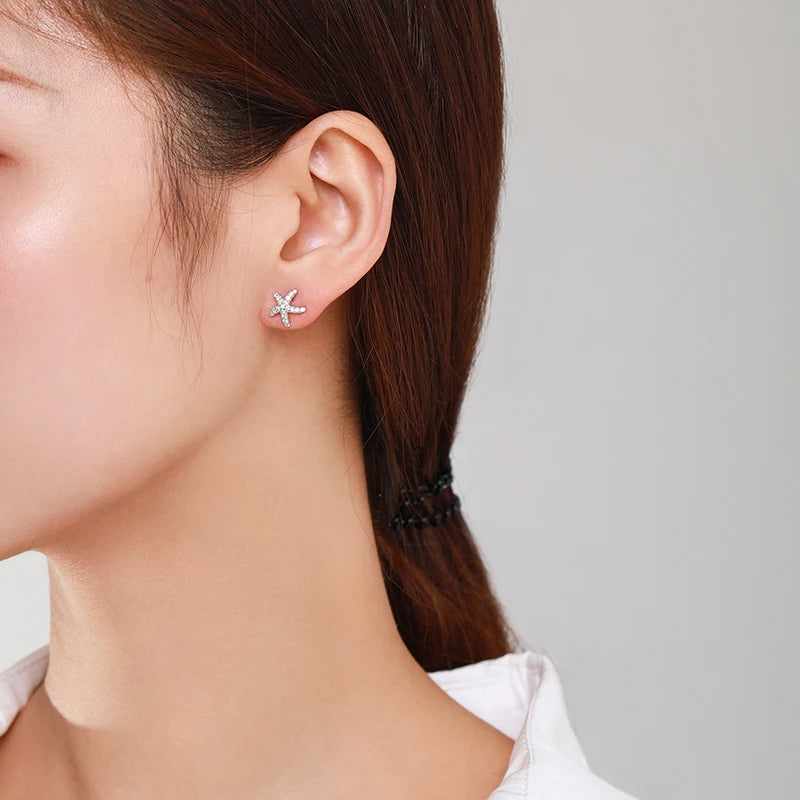 Ailmay Wedding Engagement Real 925 Sterling Silver Starfish Shape Shiny Zircon Stud Earring Star For Women Fine Shape Jewelry