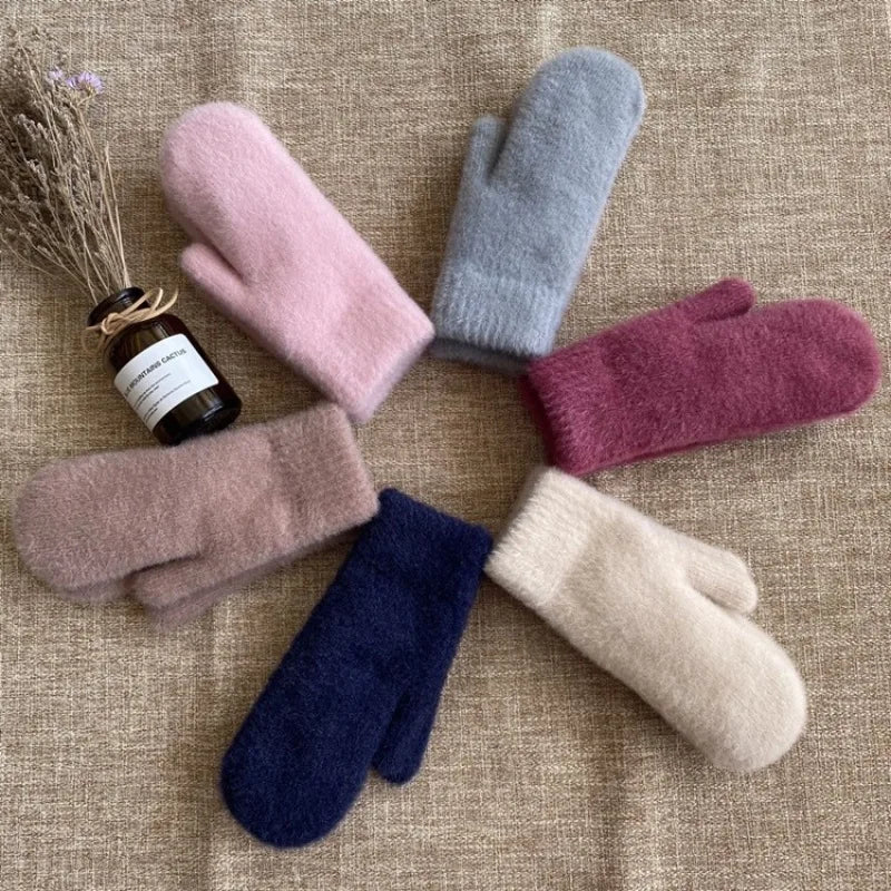 Women Winter Keep Warm Plus Cashmere Thicken Mink Fleece Solid Cute Lovely Outdoor Windproof Cycling Full Finger Mittens Gloves
