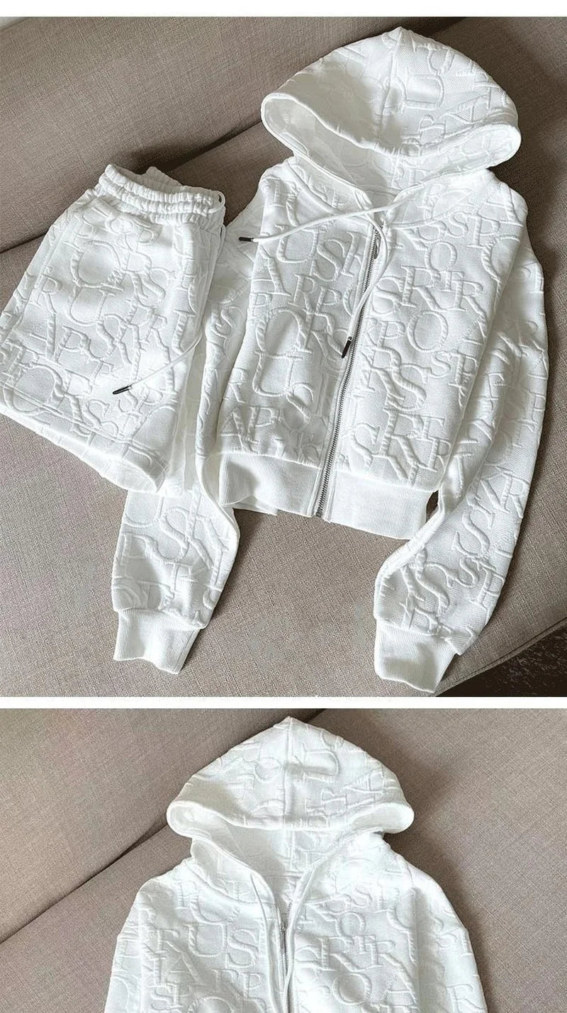 2 Piece Sets Womens Outfits Spring Fashion Skinny Hooded Short Jacket and Shorts Knitted Jacquard Designer Fall Women Clothing