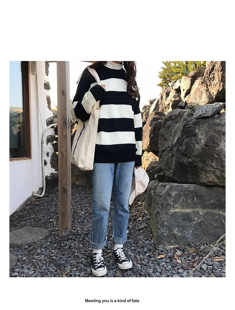 Women's Sweaters Kawaii Ulzzang College Candy Color Stripes Moon Sets Embroidery Sweater Female Harajuku Clothing For Women