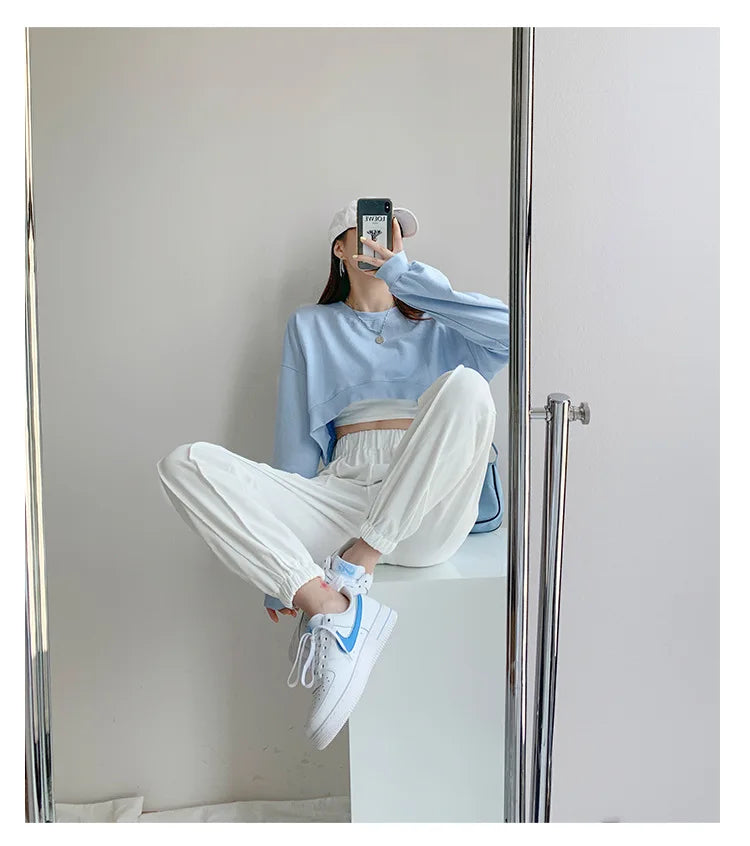 Women Short Sweatshirts Autumn Ladies Korean O-Neck Long Sleeve Solid Color Bare Navel Cropped Loose Pullover Top