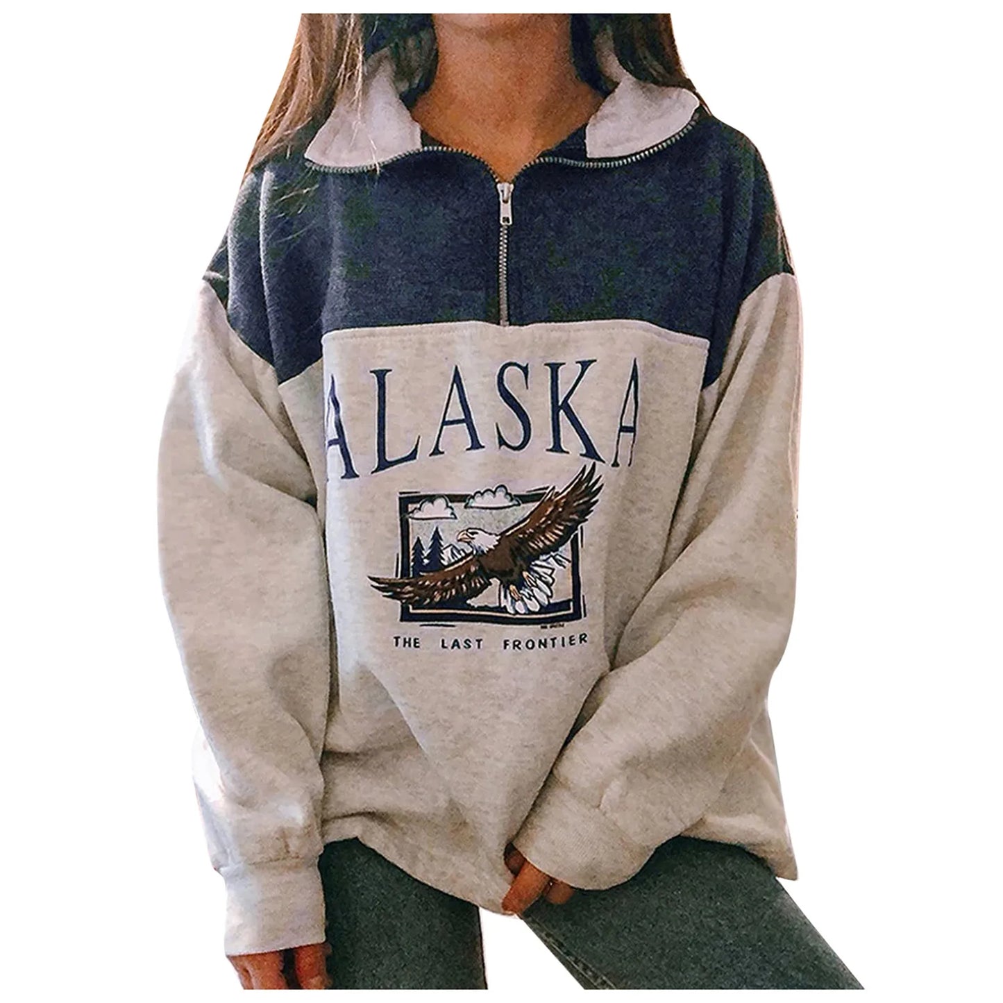 Vintage Fashion Women Stand Collar Zipper Alaska Letter Printing Long Sleeve Sweatshirt Woman Casual Loose Hoodies Women 2021