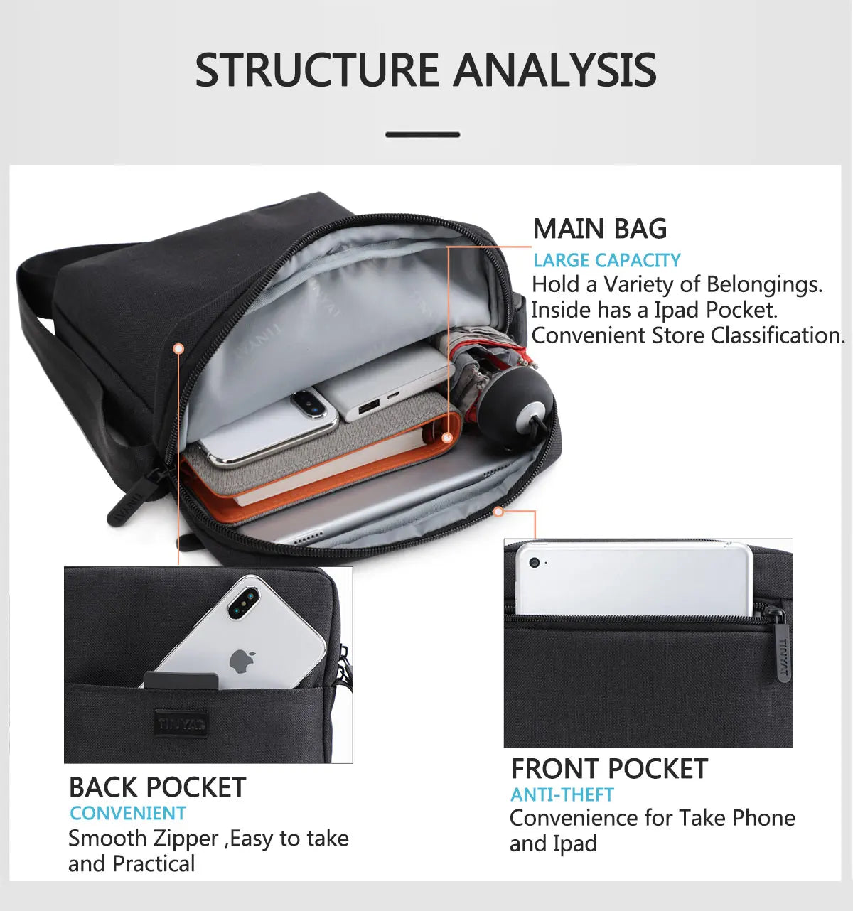 TINYAT Men's Bags Light Canvas Shoulder Bag For 7.9' Ipad Casual Crossbody Bags Waterproof Business Shoulder bag for men 0.13kg