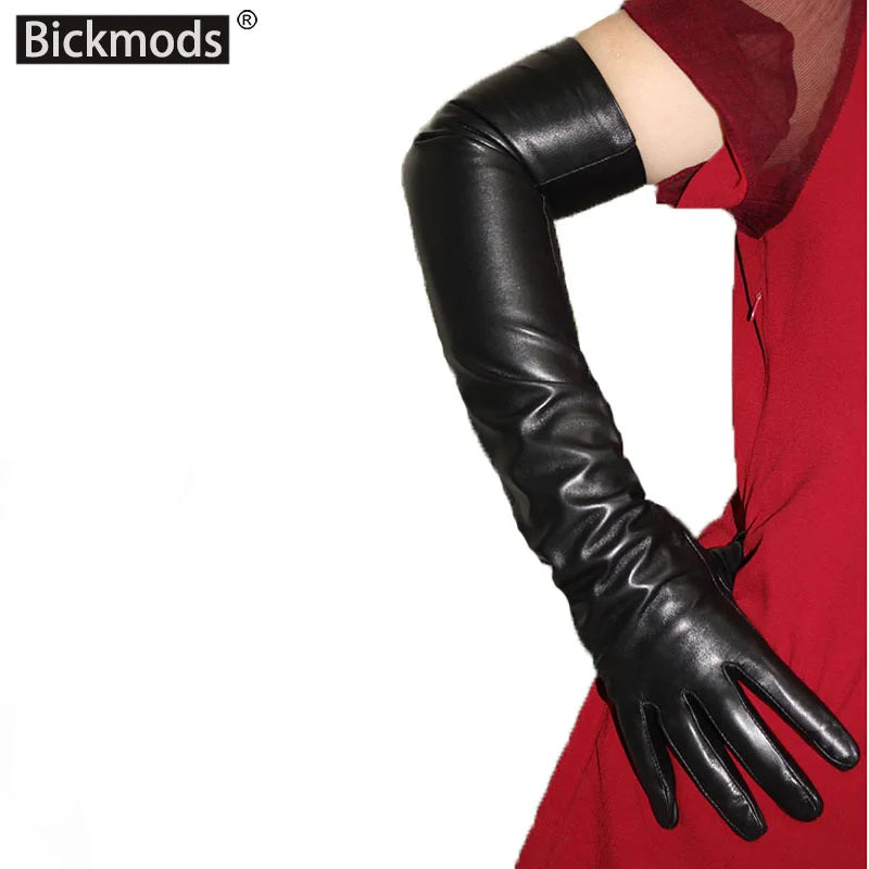Touch Screen Extra Long Leather Sheepskin Gloves Women's Black Fashion Simple Straight Style Velvet Lining Winter Warm Sleeve