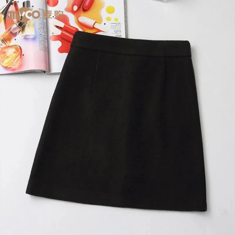 Woolen Skirt Women Winter Autumn Mini Skirts A Line Wrap Hip Korean Fashion A Line Harajuku Faldas Black Skirt