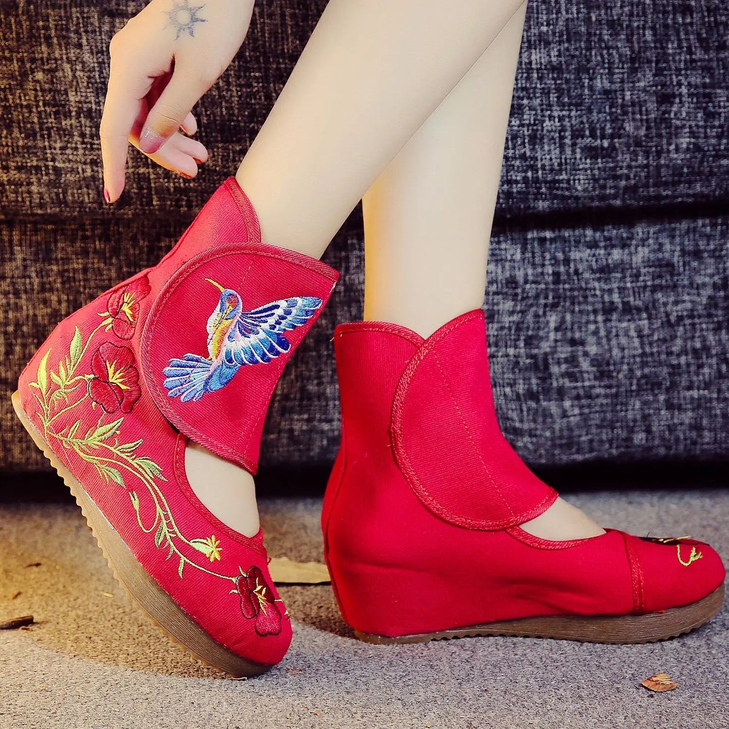 Veowalk Ankle Wrap Women Casual Boots Hummingbird Chinese Noble Mary Janes Inside Increased Embroidery Pumps Cloth Shoes Viralgem Store