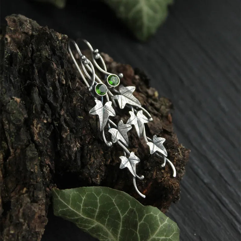 Woodland Earrings Witch Mushroom Elven Forest Leaf Earrings Nature Botanical Jewelry Silver Wire Wrapped
