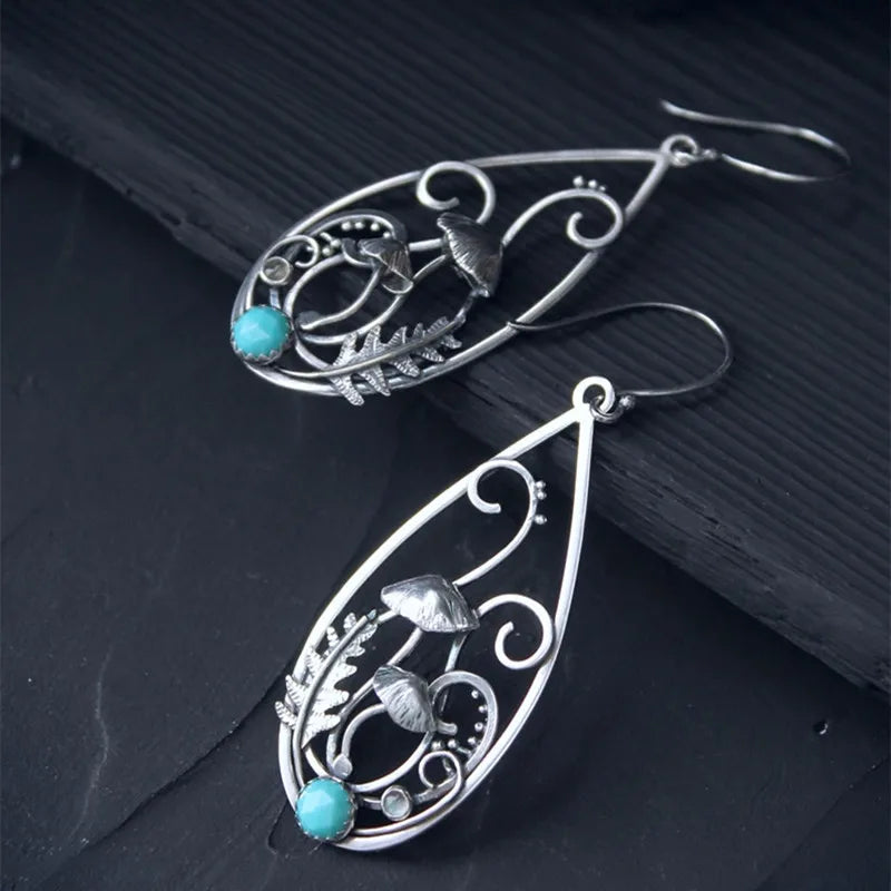 Woodland Earrings Witch Mushroom Elven Forest Leaf Earrings Nature Botanical Jewelry Silver Wire Wrapped