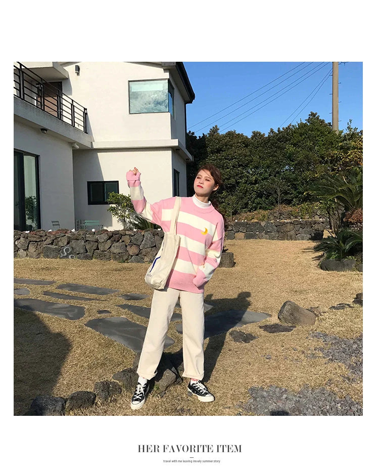 Women's Sweaters Kawaii Ulzzang College Candy Color Stripes Moon Sets Embroidery Sweater Female Harajuku Clothing For Women
