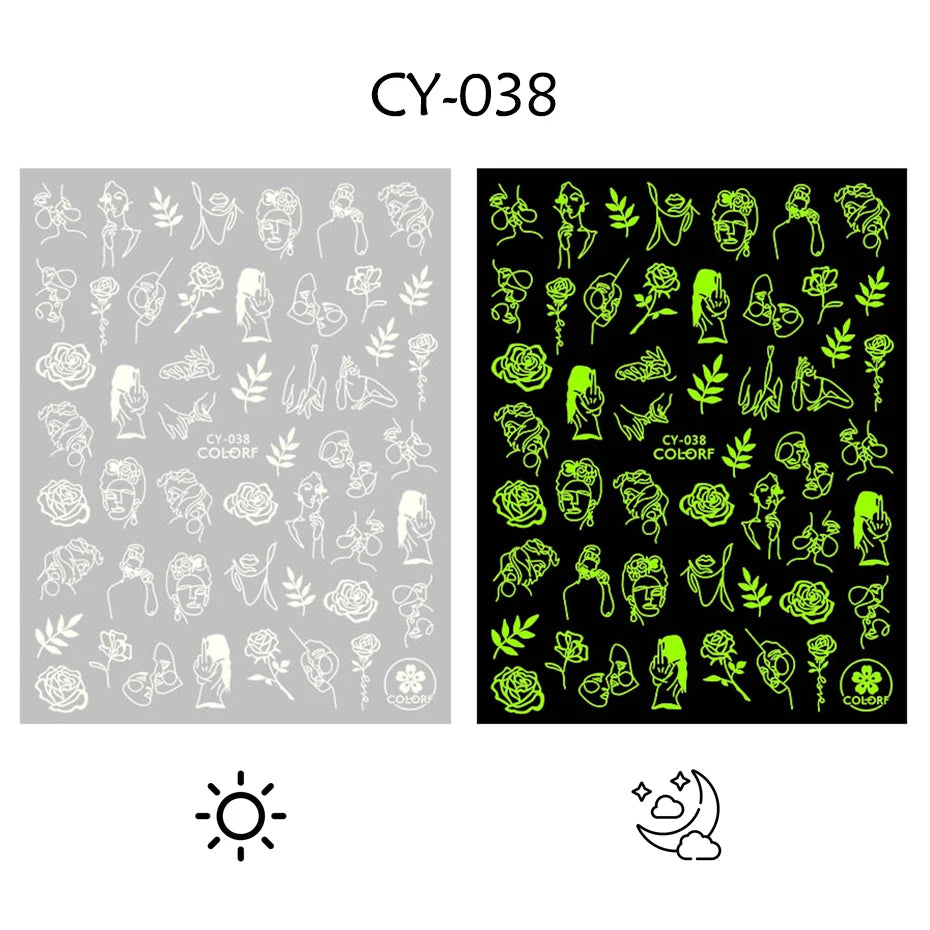 1pcs 3D Luminous Nail Stickers Flame Butterfly Star Moon Glitter Design Glow in The Dark Slider Manicure Decorations JICY028-036