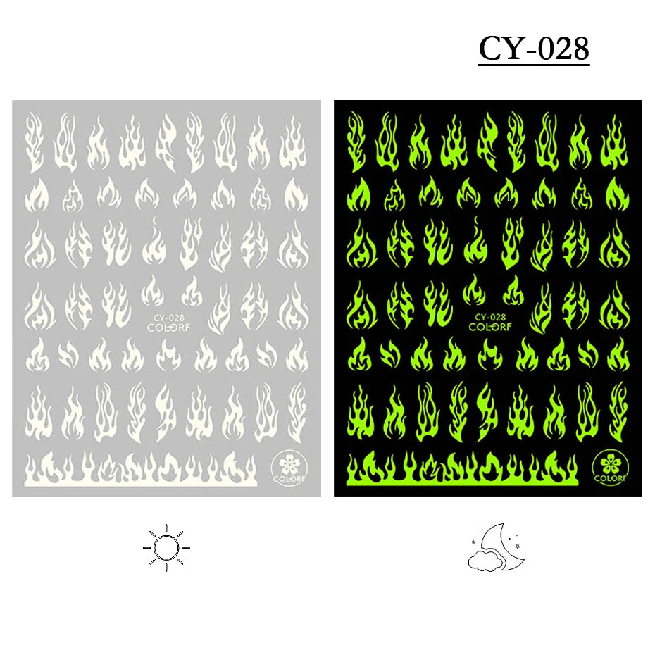 1pcs 3D Luminous Nail Stickers Flame Butterfly Star Moon Glitter Design Glow in The Dark Slider Manicure Decorations JICY028-036
