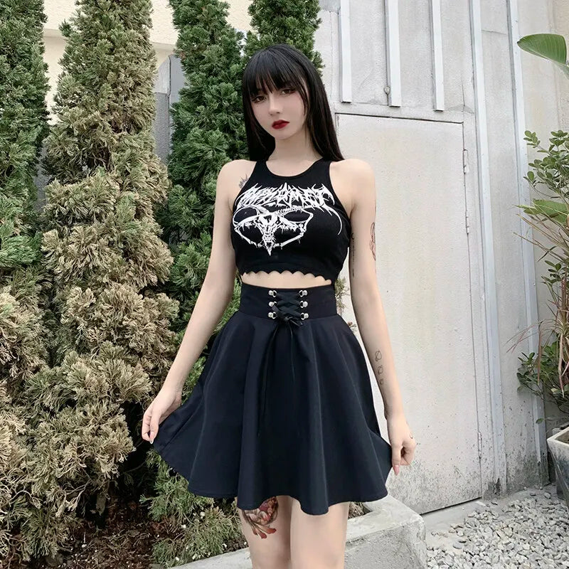 Women's Basic Versatile Flared Casual Mini Skater Skirt High Waisted School Goth Punk Black Skirt Harajuku