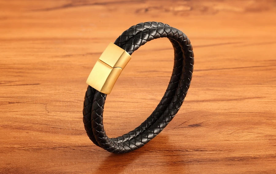 XQNI 11.11 Double Leather Combination Men's Stainless Steel Bracelet Three Color Button Selection Fashion Gift For Men Jewelry