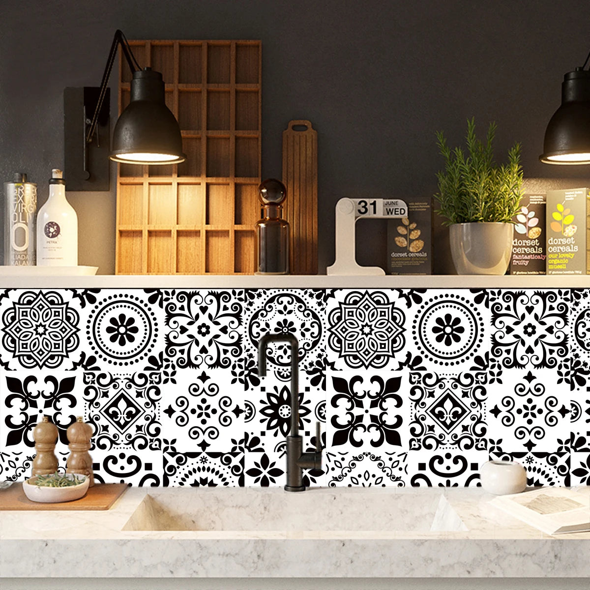 16pcs/set Black & White Tiles Sticker Kitchen Backsplash Wardrobe Bathroom Waterproof Peel & Stick Bright Film Art Wall Decals