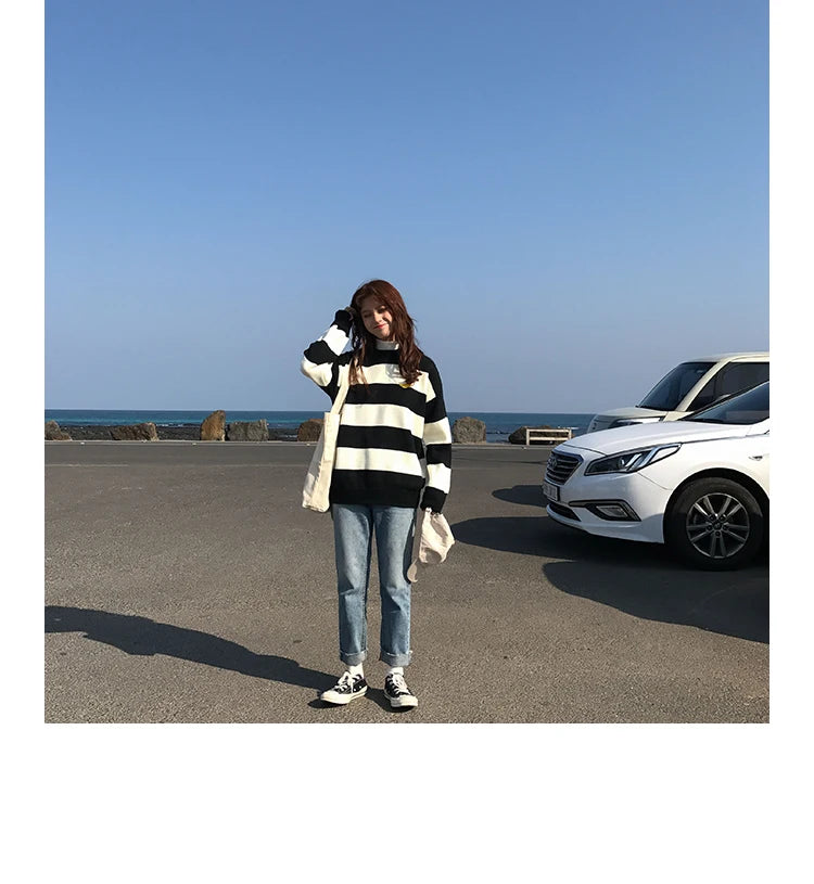 Women's Sweaters Kawaii Ulzzang College Candy Color Stripes Moon Sets Embroidery Sweater Female Harajuku Clothing For Women