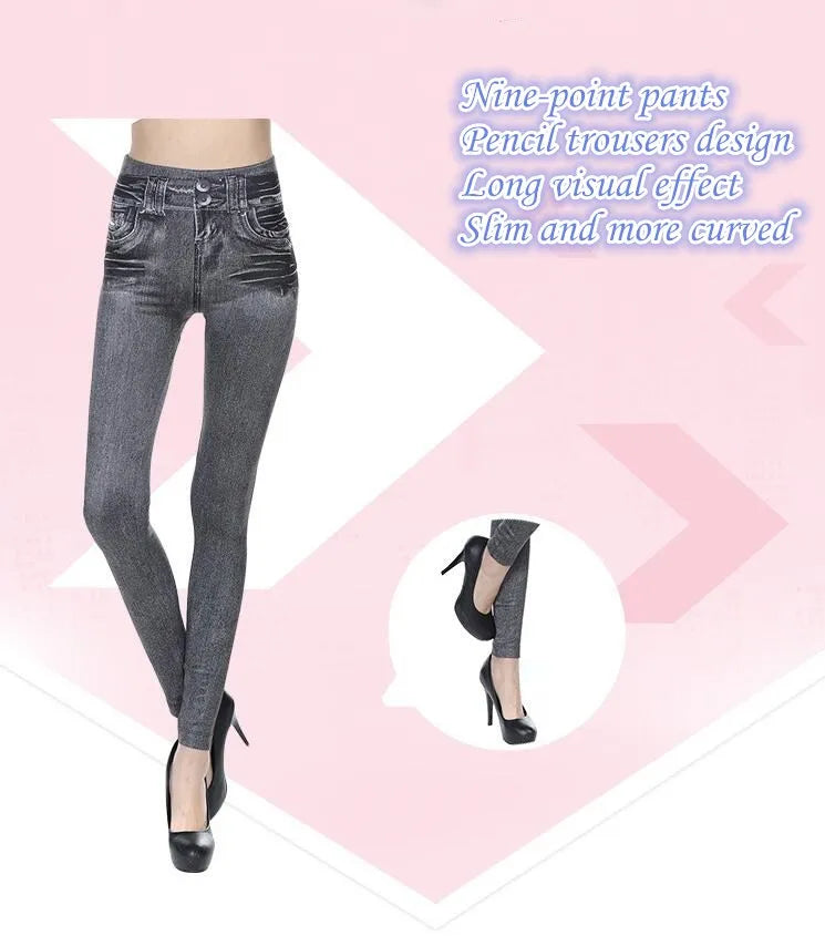 2023 Women's Spring and Summer Tight Imitation Jeans, Smart Slim Fashion, Large Tight Pants, False Pocket Women's Fitness Pants