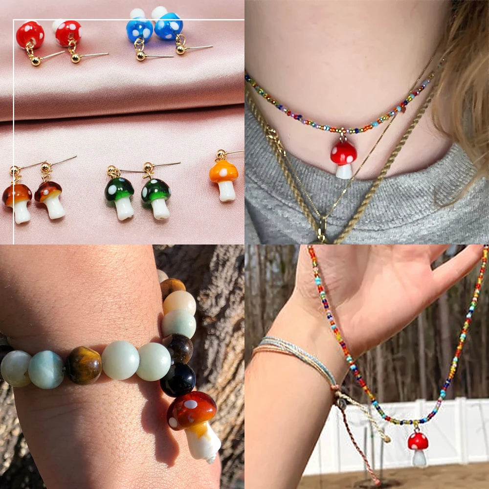 10Pcs 10x13mm 12x16mm 15x20mm Mushroom Shape Lampwork Glass Loose Beads for DIY Crafts Jewelry Making Earing Necklace Accessory