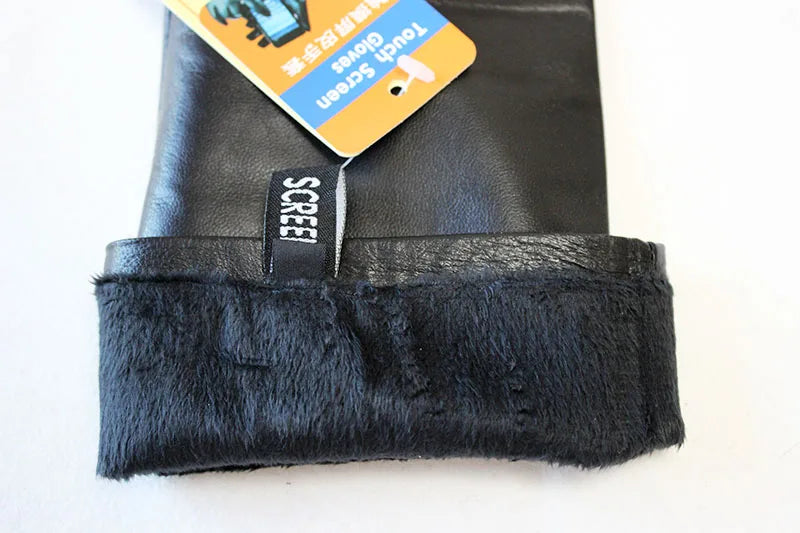 Touch Screen Extra Long Leather Sheepskin Gloves Women's Black Fashion Simple Straight Style Velvet Lining Winter Warm Sleeve