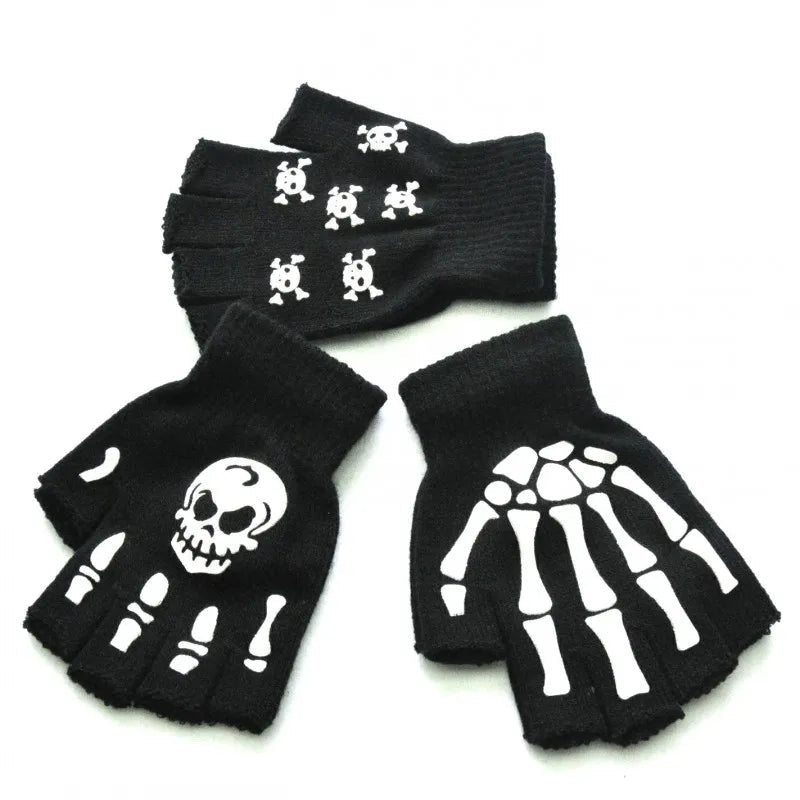 Unisex Halloween Skull Gloves Punk Luminous Glow in The Dark Skeleton Half Finger Glove Cosplay Non-slip Wrist Stretch Mittens Viralgem Store