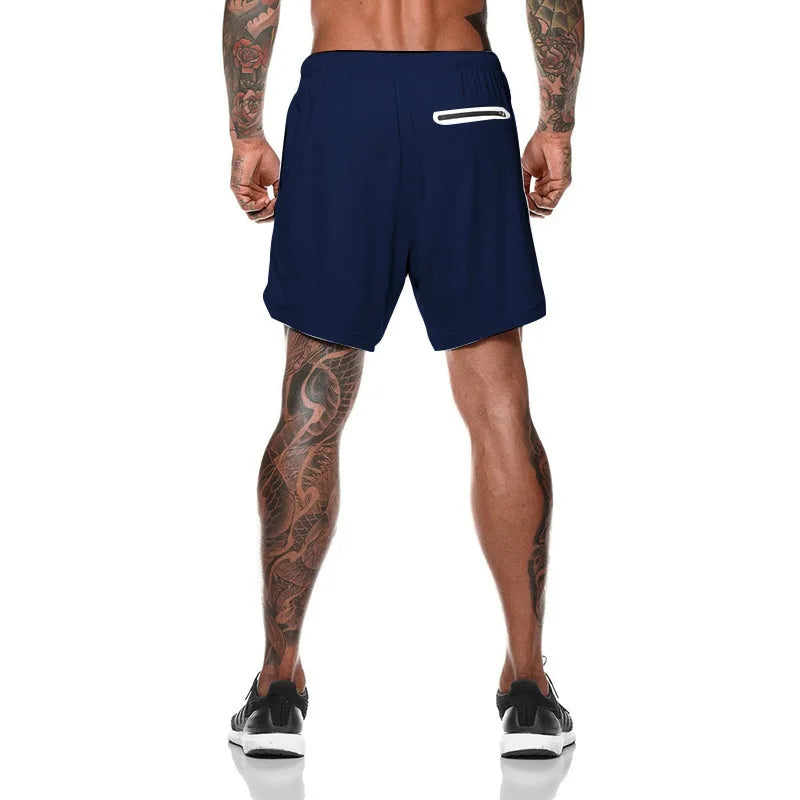 2024 European Men's Sports Summer New Double Layer Mobile Phone Pants Gym Exercise Jogging Training Shorts