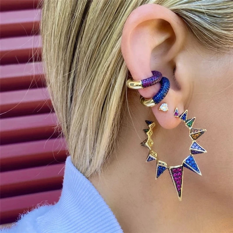 Aide 1PC Glod Color Full Zircon Pave Ear Cuffs No Piercing C Shape Chunky Thick Clip Earrings Colored Crystal Jewelry