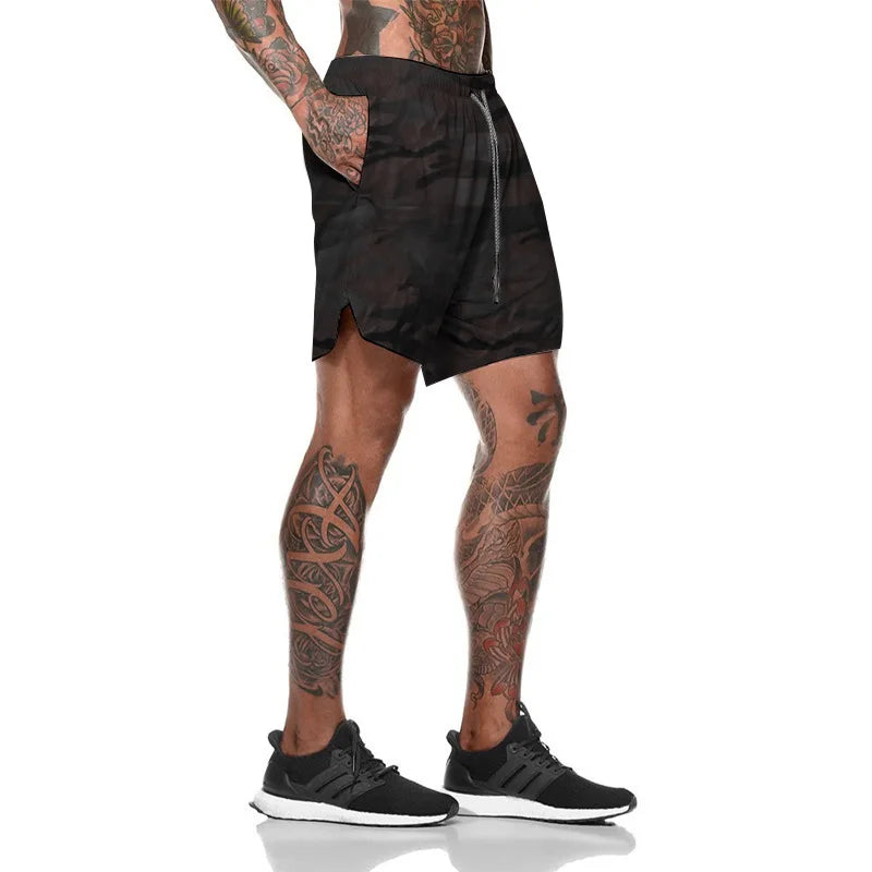 2024 European Men's Sports Summer New Double Layer Mobile Phone Pants Gym Exercise Jogging Training Shorts