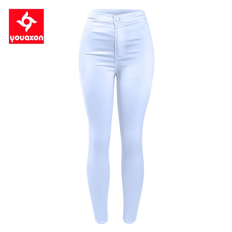 1888 Youaxon Summer Women`s High Waist White Basic Fashion Stretch Skinny Denim Pants Trousers Jeans For Women Free Shipping