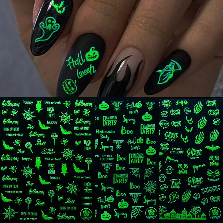 1pcs 3D Luminous Nail Stickers Flame Butterfly Star Moon Glitter Design Glow in The Dark Slider Manicure Decorations JICY028-036