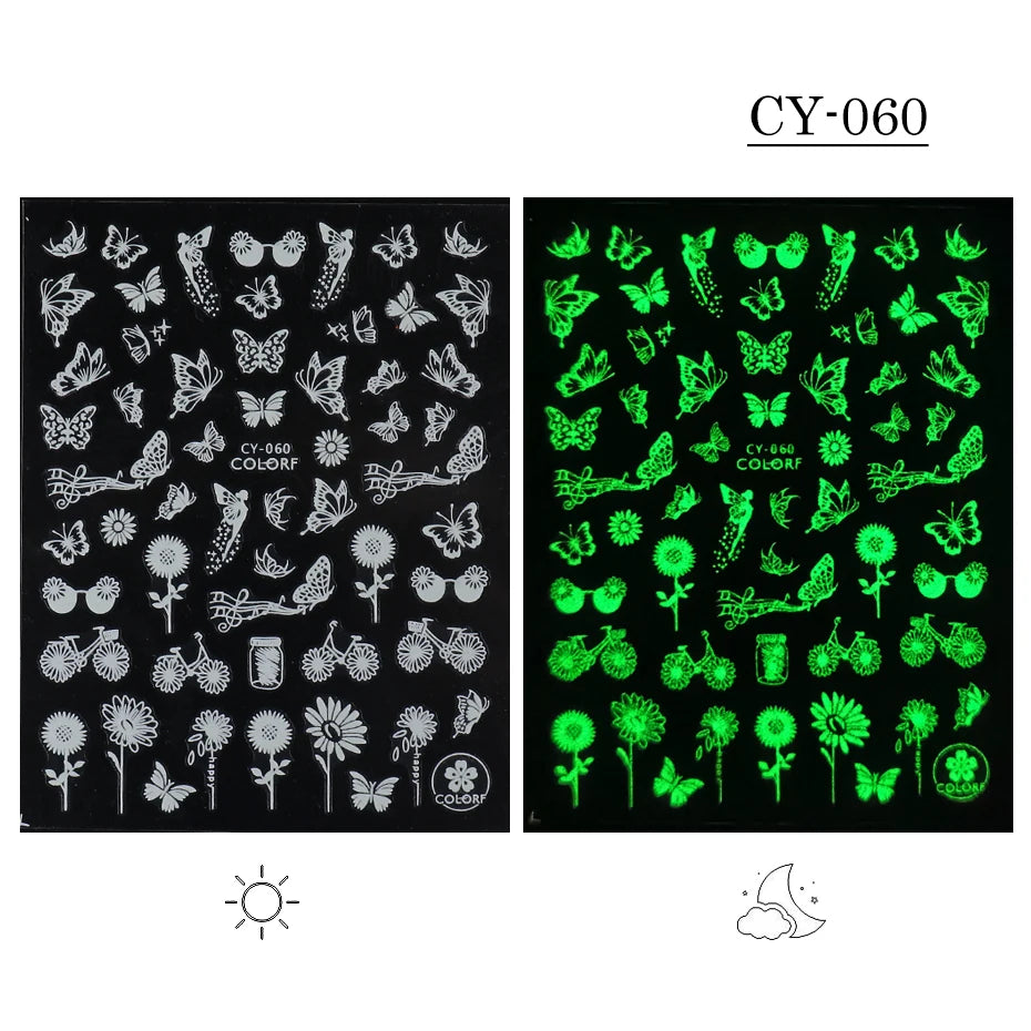 1pcs 3D Luminous Nail Stickers Flame Butterfly Star Moon Glitter Design Glow in The Dark Slider Manicure Decorations JICY028-036