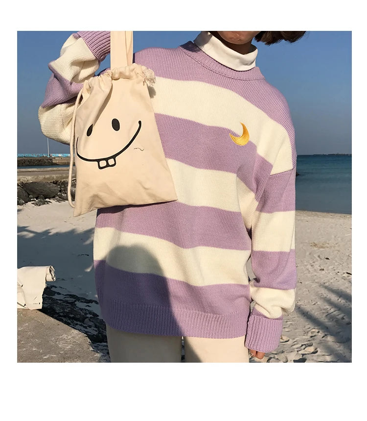 Women's Sweaters Kawaii Ulzzang College Candy Color Stripes Moon Sets Embroidery Sweater Female Harajuku Clothing For Women