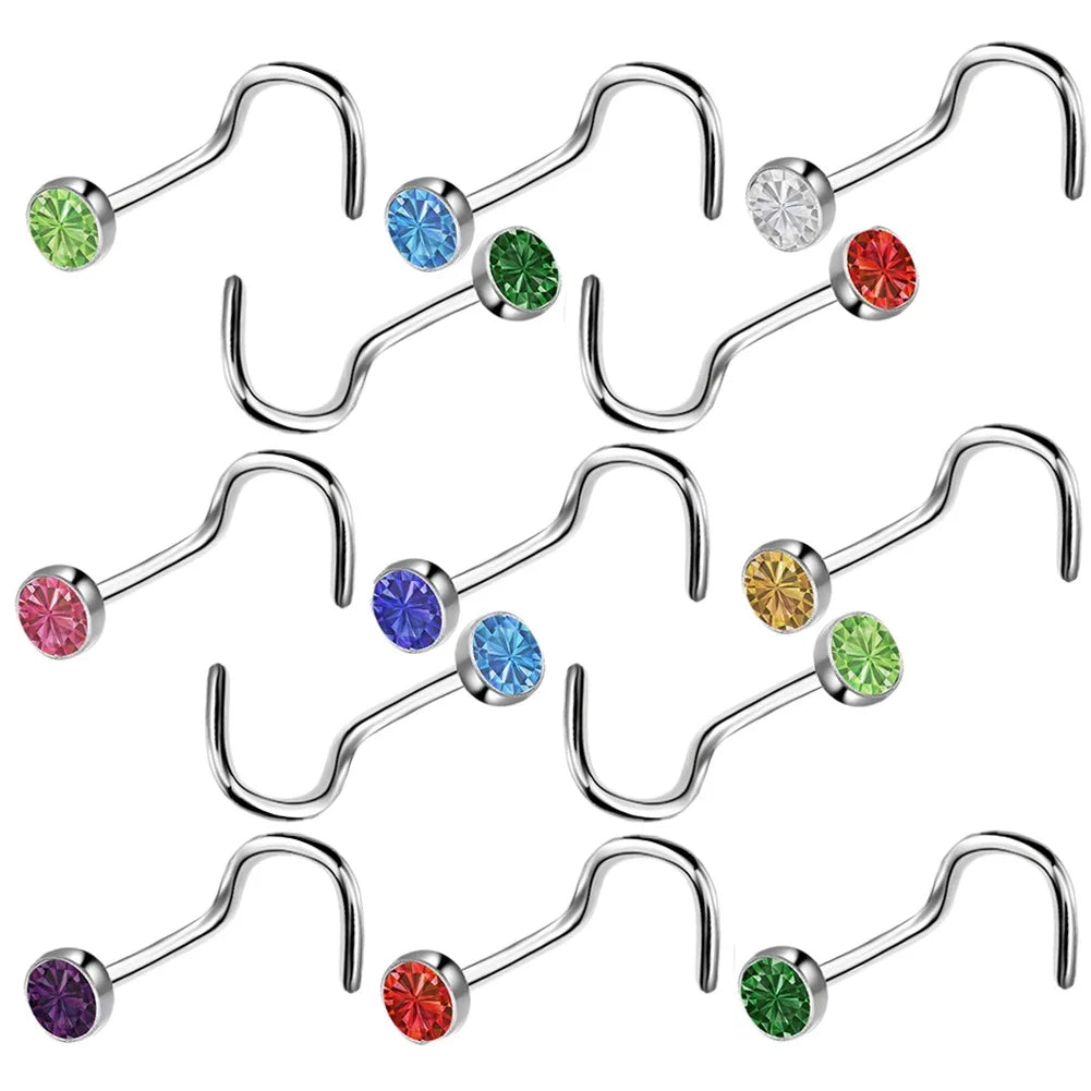 40/60Pcs Straight Nose Stud Curved Pack Crystal Nose Ring Set Stud Lot Nariz Nase Pircing Nose Ring Set Bend Piercing Non-Pack