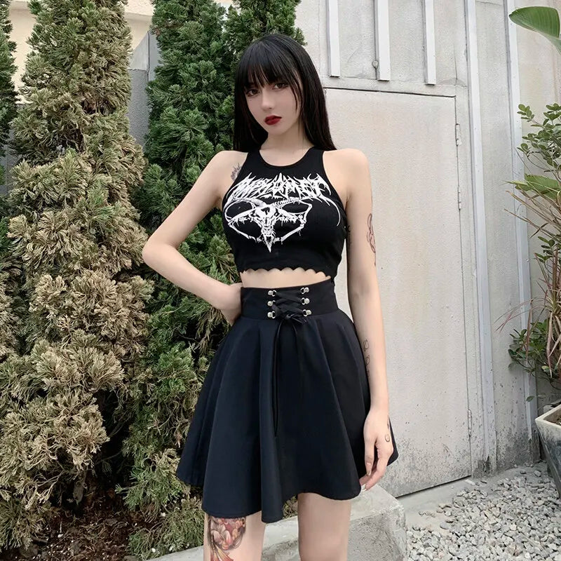 Women's Basic Versatile Flared Casual Mini Skater Skirt High Waisted School Goth Punk Black Skirt Harajuku