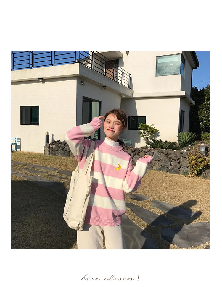 Women's Sweaters Kawaii Ulzzang College Candy Color Stripes Moon Sets Embroidery Sweater Female Harajuku Clothing For Women
