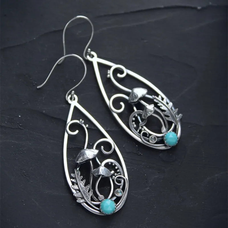 Woodland Earrings Witch Mushroom Elven Forest Leaf Earrings Nature Botanical Jewelry Silver Wire Wrapped