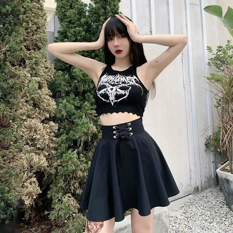 Women's Basic Versatile Flared Casual Mini Skater Skirt High Waisted School Goth Punk Black Skirt Harajuku